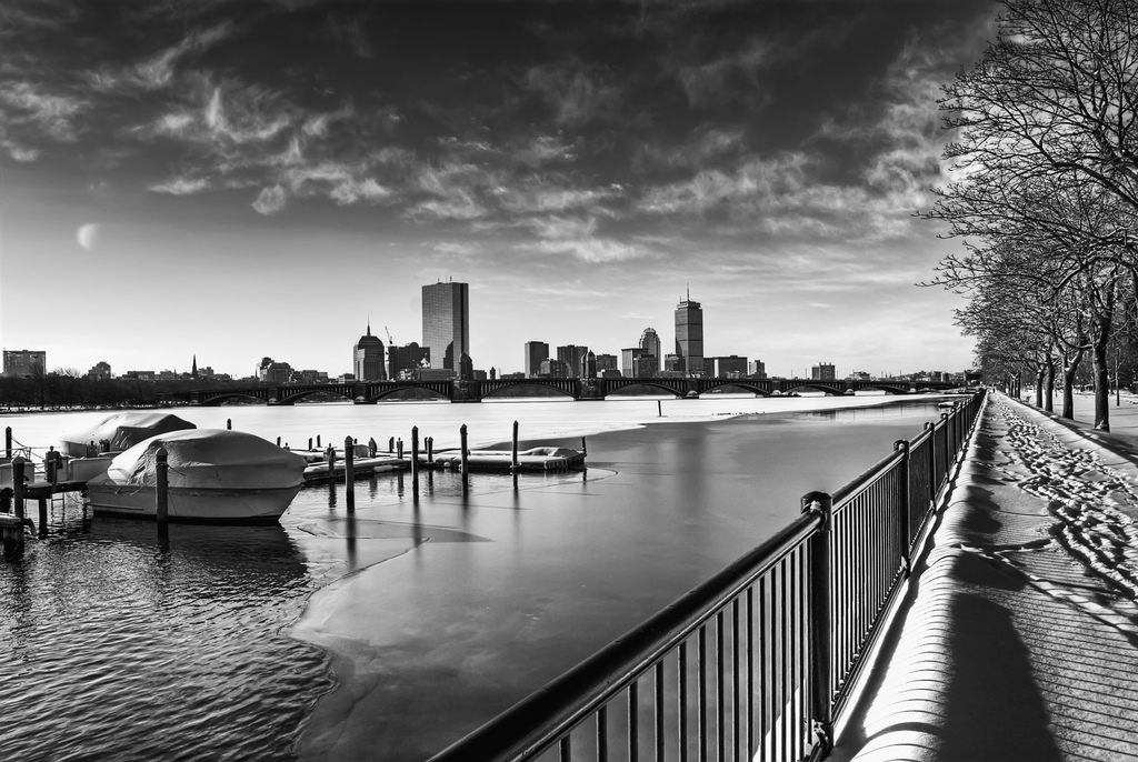 This is a picture of the Boston skyline taken during winter